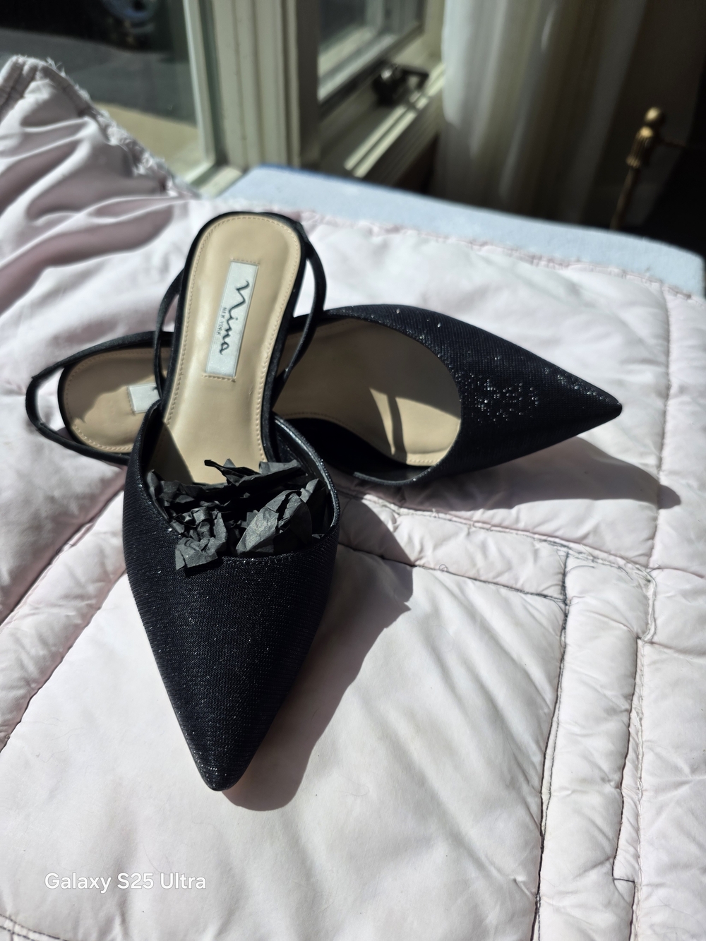 Nina Black Pointed Toe Slingback Mules with Subtle Shimmer